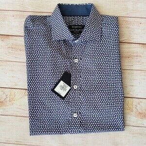 Bugatchi Short Sleeve Button Front Shirt Men's Size Medium Navy Blue Red White